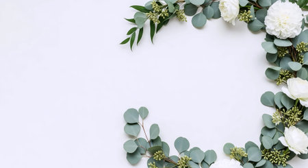 Flowers composition. Eucalyptus, white and green leaves on white background. Flat lay, top view, copy spaceの素材