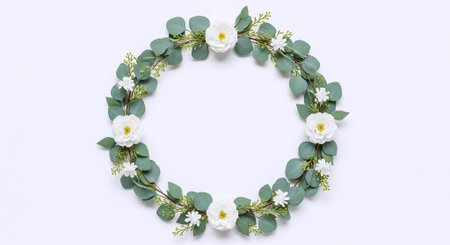Wreath of eucalyptus, white flowers and green leaves on white background. Flat lay, top view.の素材