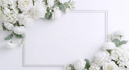 Flowers composition. Frame made of white flowers on white background. Flat lay, top view, copy spaceの素材