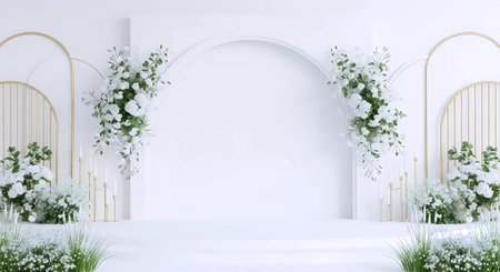3d render of wedding arch decorated with flowers in white room.の素材