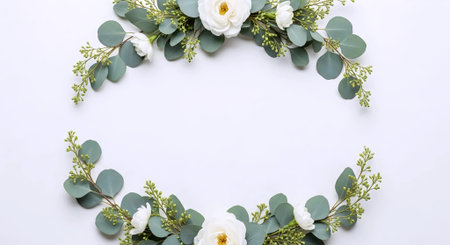 Wreath of eucalyptus and white flowers on white backgroundの素材