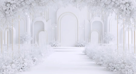 3d render of a white room with arches and white flowersの素材