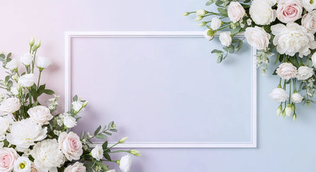 Flowers composition. Frame made of white flowers on pastel blue background. Flat lay, top view, copy spaceの素材