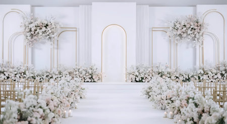 Wedding hall decorated with flowers and arch. 3d renderingの素材