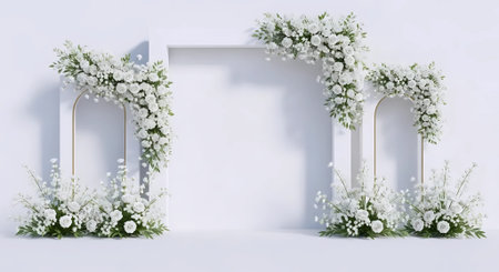 3d render of wedding arch decorated with white flowers on white backgroundの素材