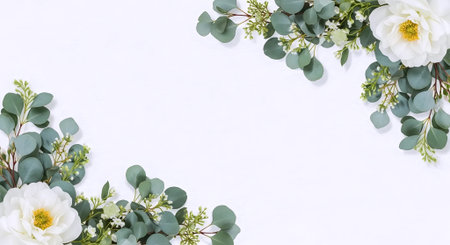 Flowers composition. Eucalyptus, white rose, green leaves on white background. Flat lay, top view, copy spaceの素材