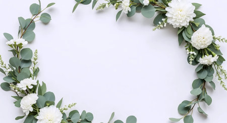 Flowers composition. Frame made of white flowers and eucalyptus branches on white background. Flat lay, top view, copy spaceの素材