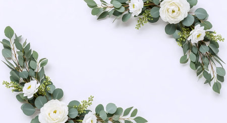 Flowers composition. Eucalyptus branches, white roses and eucalyptus on white background. Flat lay, top view, copy spaceの素材