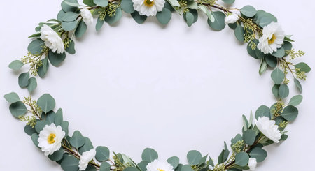 Flowers composition. Wreath made of eucalyptus branches and white flowers on white background. Flat lay, top view, copy spaceの素材