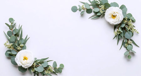 Flowers composition. Eucalyptus, white rose, green leaves on white background. Flat lay, top view, copy spaceの素材
