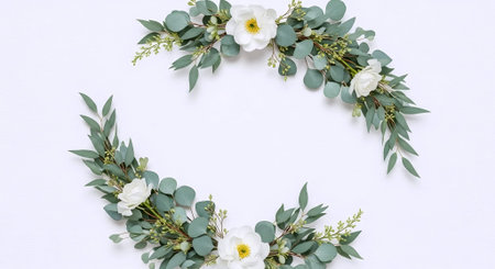 Flowers and eucalyptus wreath on white backgroundの素材