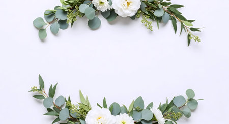 Flowers composition. Frame made of eucalyptus branches, white flowers on white background. Flat lay, top view, copy spaceの素材