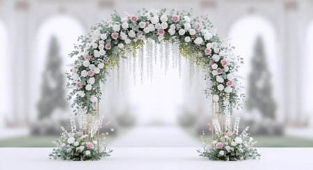 Wedding arch with white and pink flowers. 3d renderingの素材