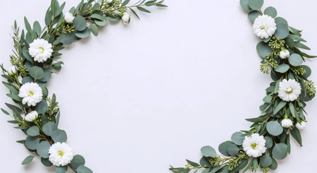 Flowers composition. Wreath made of eucalyptus, green leaves and white flowers on white background. Flat lay, top view, copy spaceの素材