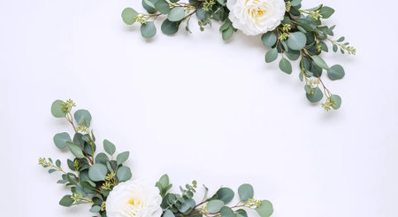 White flowers and eucalyptus branches on white background. Flat lay, top view.の素材