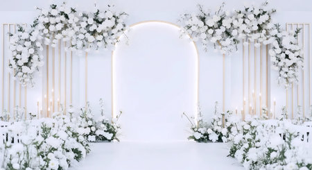 3d illustration of arch in white room decorated with white flowers.の素材
