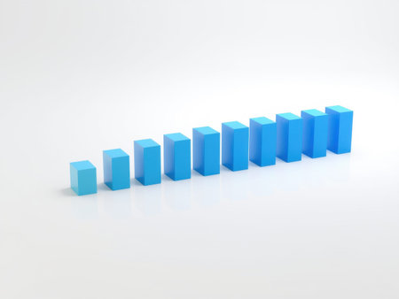 A series of blue 3D bars forming an ascending graph on a white background, symbolizing business growth, progress, and success, ideal for presentations and reports.の素材