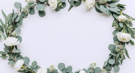 Flowers composition. Frame made of eucalyptus branches, white roses and green leaves on white background. Flat lay, top view, copy spaceの素材