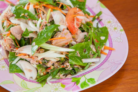 close up Tuna with tea leaves and mix vegetables , spicy salad at Doi Mae Salong, Thailand.の写真素材