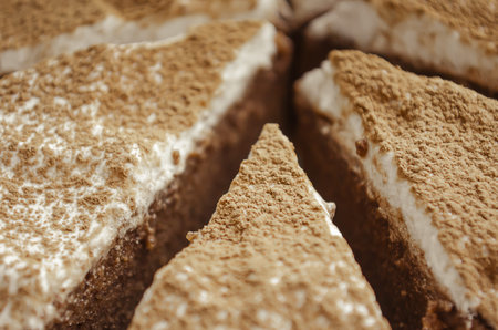 Pieces of cake. Chocolate Brownie, homemade chocolate cake. Close-up. Cocoa sprinkle.