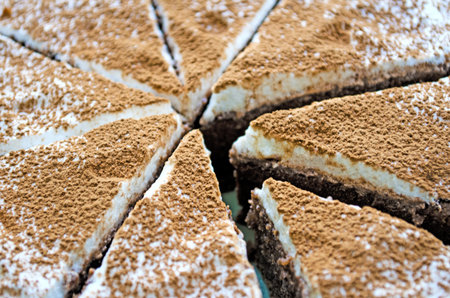 Pieces of cake. Chocolate Brownie, homemade chocolate cake. Close-up. Cocoa sprinkle.