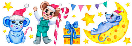 Set of watercolor Christmas elements. Garland, Lollipop, stars, mice, gifts, 2020, moon. Isolated.の写真素材