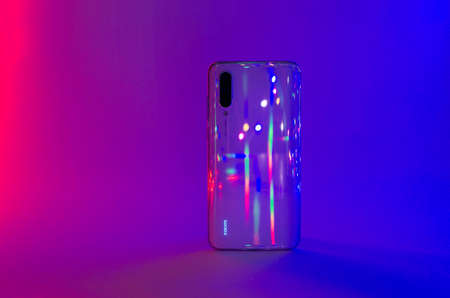 Xiaomi Mi9 lite CC9 white phone. Neonのeditorial素材