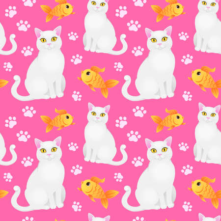 Seamless pattern with white cat and goldfish.のイラスト素材