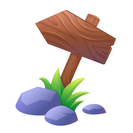 Cartoon wooden signpost. Stones and grass vectorのイラスト素材