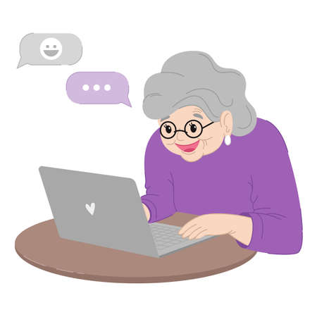 Cute happy grandmother is sitting at the laptop.のイラスト素材
