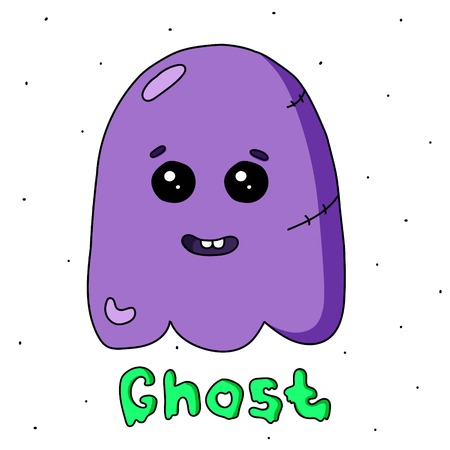 Happy Halloween funny ghost vector illustration, lilac color, shadow, kawaii eyes adn funny smileのイラスト素材