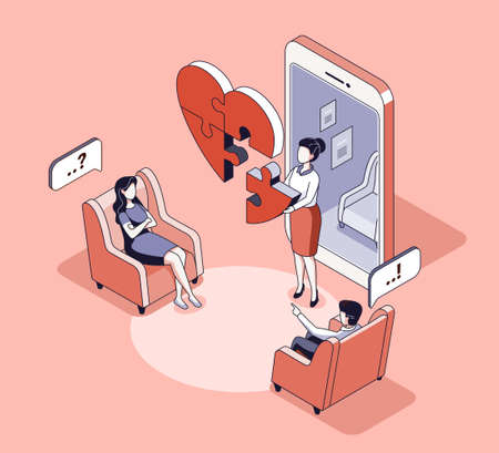 Family Psychologist. Online counseling for couple. Patients at psychological consultation. Psychologist assembling broken heart. Isometric vector illustrationのイラスト素材