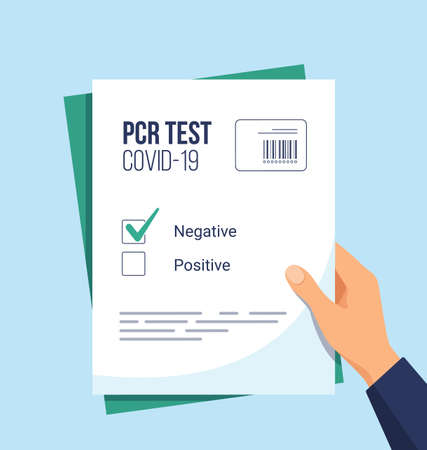 Negative result on PCR test for Covid-19. Hand holding certificate of absence of disease. Coronavirus prevention. Health care concept. Vector illustration in flat styleのイラスト素材