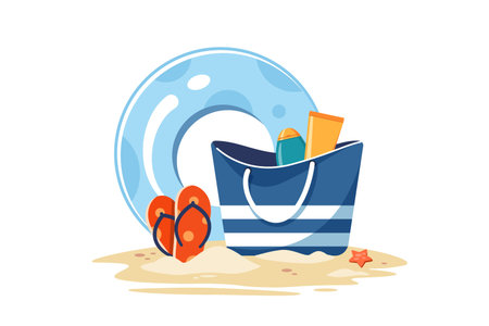 Vector illustration of female bag with sunscreen lotion, red flip flops and swimming circle on sand. Beach accessories isolated on white background. Summer time conceptのイラスト素材