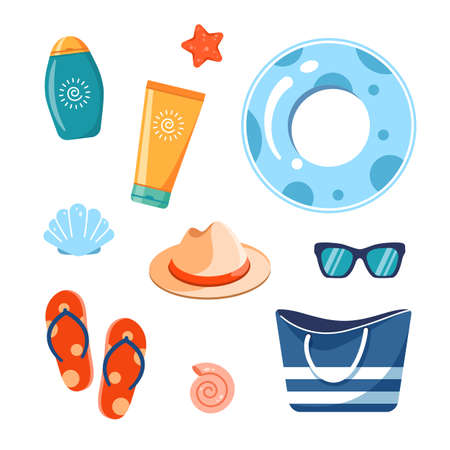 Set of beach accessories isolated on white background. Summer vacation concept. Vector illustration of sunscreen cream, flip flops, beach hat, sunglasses, swimming circle, tote bag.のイラスト素材