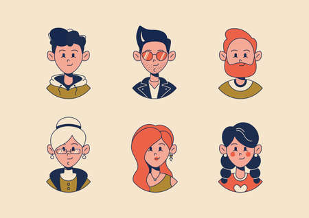 Males and females different ages avatars. Set of flat style portraits for profiles. Vector illustrationのイラスト素材