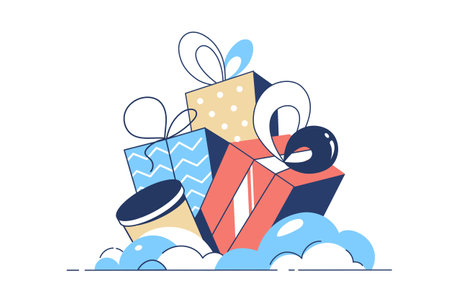 Four different gift boxes with ribbons in the snow. Preparation for the holiday. Cartoon colored vector of Christmas presents in flat style isolated on white background.のイラスト素材