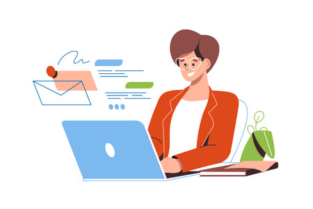 Young smiling woman with laptop reading or writing emails and messages. Online business communication via e mail, chats, messages. Isolated on white backgroundのイラスト素材