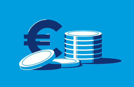 Euro sign and stack of metall coins. Tower of glowing money in flat style. Banking and economy, investment and profit, earnings and pay themeのイラスト素材