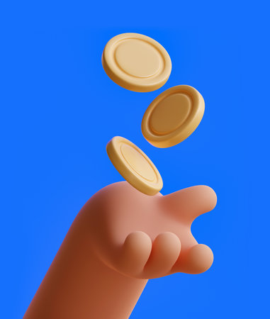 3D hand with money. Golden coins falling into human hand isolated on white. Earnings, salary, gaine, money saving and payment concept. 3d render illustrationの写真素材
