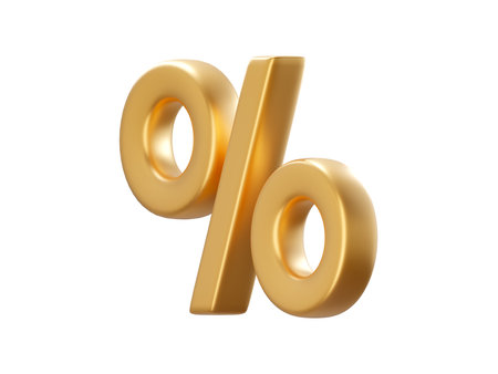 Gold metallic 3d sign percent discount on isolated background. Voucher gift. Design element for sale concept. 3d render illustrationの写真素材