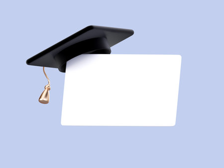 Graduation hat on the corner of tablet. Mock-up, copy space for your text. Education, training, knowledge concept. 3d rendered illustrationの写真素材