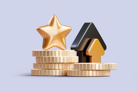 Leadership to reach business success. Star on the coin stack. Achievement business goals, success, ambition, challenges. Investment, wealth or earning rising up, profit increase. 3d rendered illustrationの写真素材