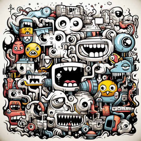 Cartoon cute doodles hand drawn monsters illustration. Funny vector artwork.の素材