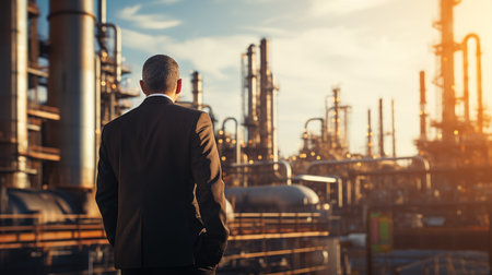 Businessman in front of oil and gas refinery. Business and industrial conceptの素材