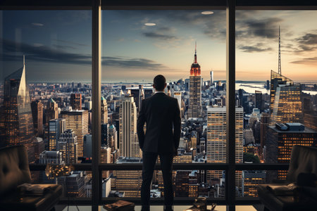 Businessman looking at New York City skyline from a window at sunsetの素材