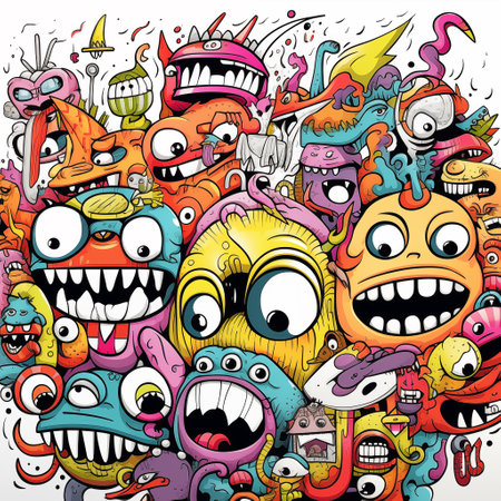 Hand-drawn illustrations, monsters doodle, Hand drawn cartoon monster illustration, Cartoon crowd doodle hand-drawn pattern, Doodle style. Colorful.の素材