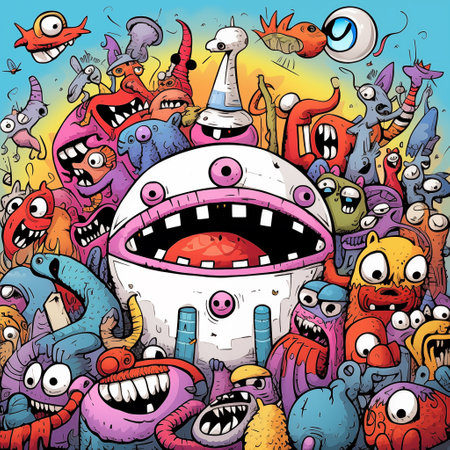 Hand-drawn illustrations, monsters doodle, Hand drawn cartoon monster illustration, Cartoon crowd doodle hand-drawn pattern, Doodle style. Colorful.の素材