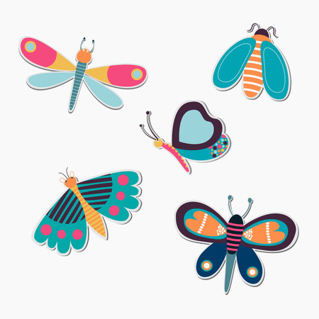 Insect stickers set. butterfly, dragonfly and insect stickers. can be used as an icon or insect character with boho stlye color. Printable Vectorのイラスト素材