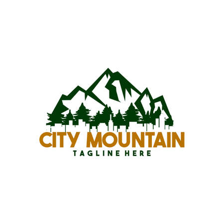 Mountain logo with city and tree silhouettes. Mountain tourism. symbols, logos, labels, flyers.のイラスト素材